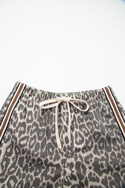 Leopard Stripe Detail Drawstring Denim Shorts