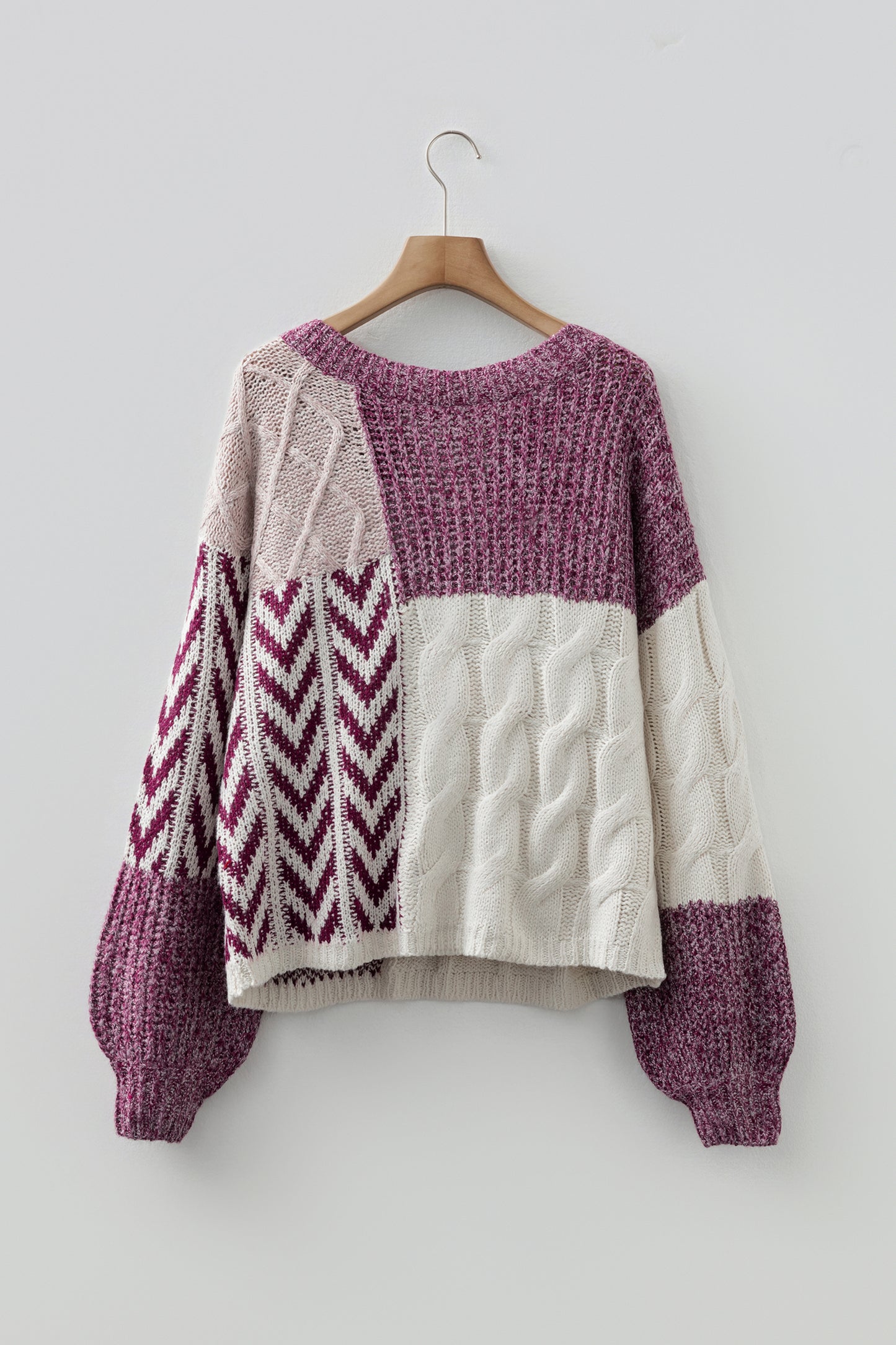 Colorblock Cable Knit Patchwork Tied Back Sweater