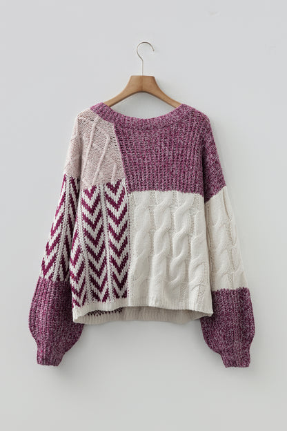Colorblock Cable Knit Patchwork Tied Back Sweater
