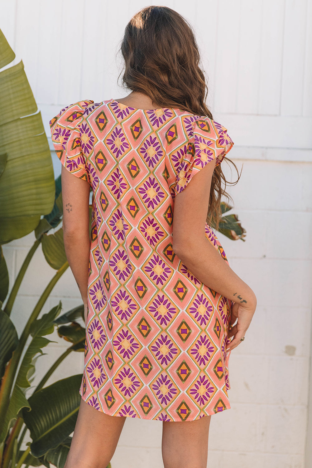 Geometric Floral V-Neck Button-Front Mini Dress