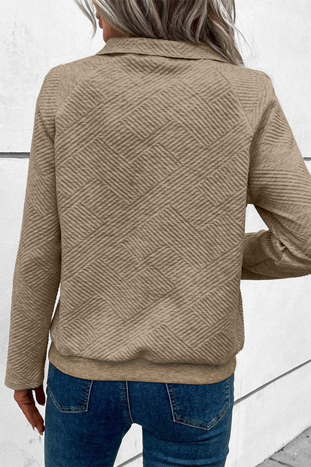 Geometric Textured Buttoned Collar Sweatshirt