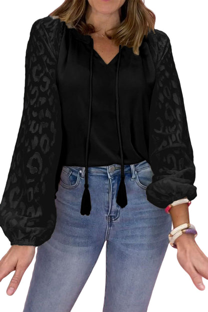 Leopard Mesh Bubble Sleeve Blouse