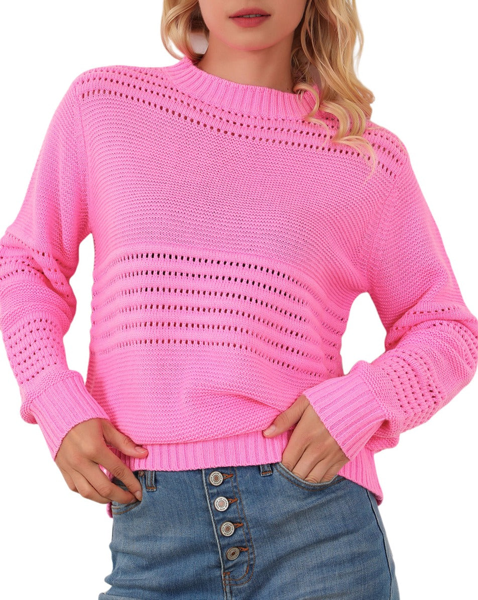 Eyelet Stripe Mock Neck Sweater