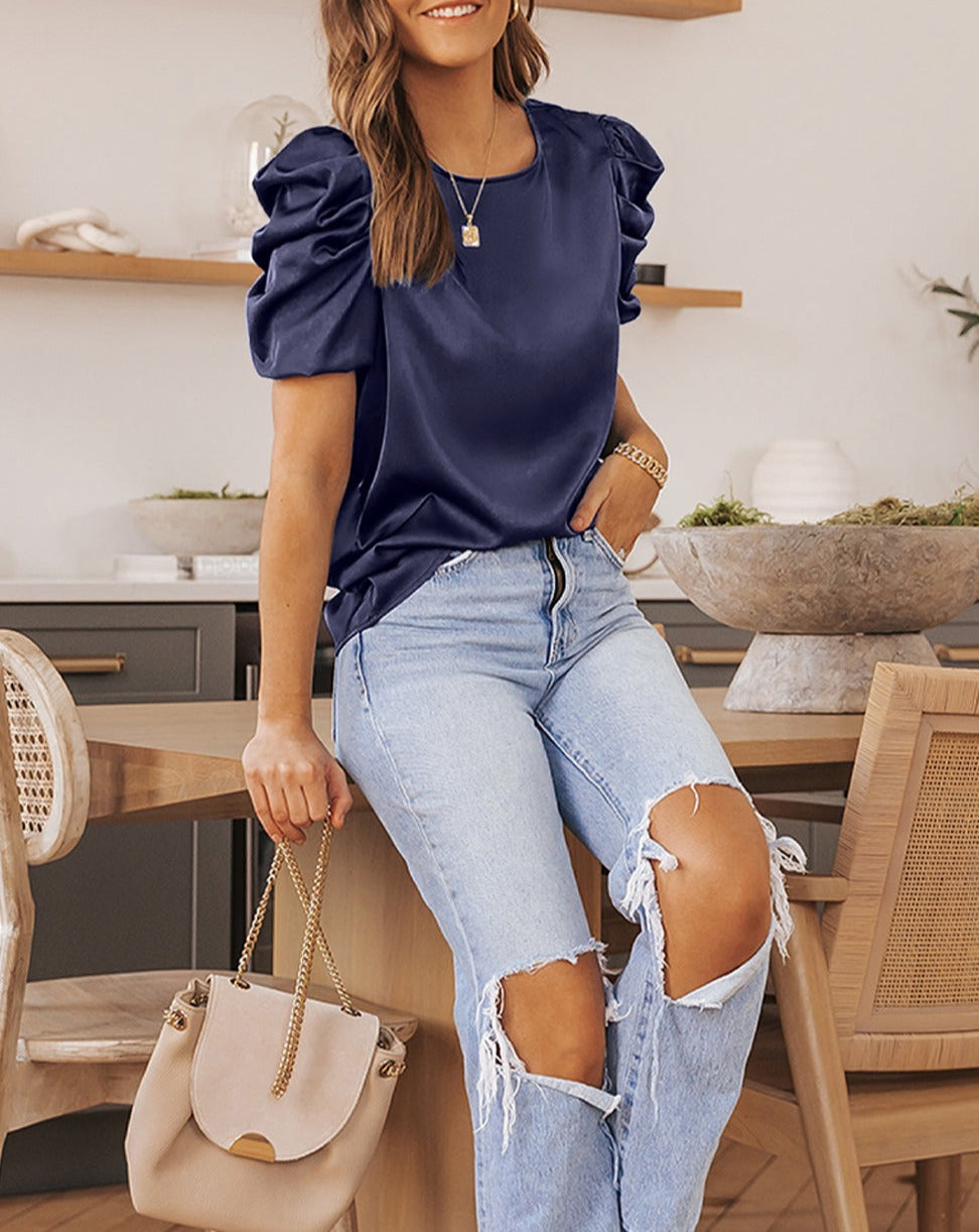 Satin Ruched Puff Sleeve Blouse