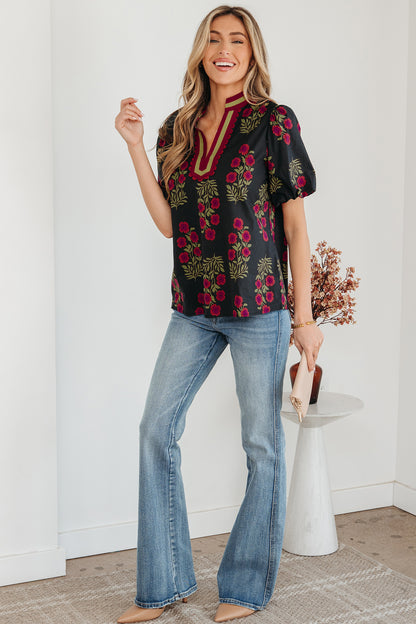 Floral Contrast Slit V-Neck Short Bubble Sleeve Blouse