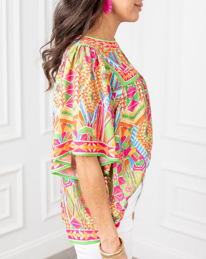 Geometric Bell Sleeve Babydoll Blouse