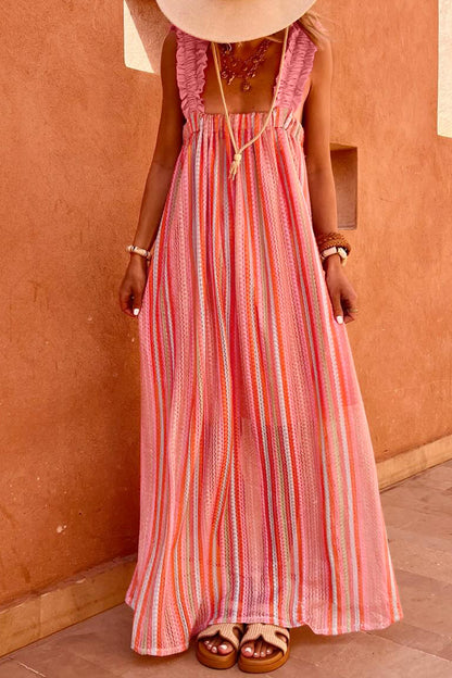 Stripe Textured Knit Ruffle Tie Back Maxi Dress