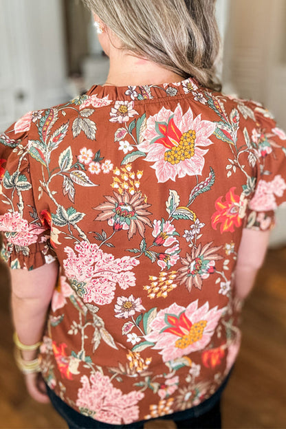 Plus Size Floral Frilled Puff Sleeve Blouse