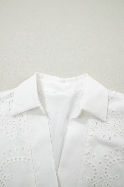 Solid Embroidered Eyelet Collared V-Neck Mini Dress