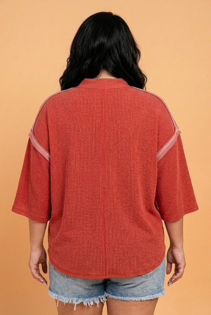 Plus Size Corded Knit Round Neck 3/4 Sleeve Blouse