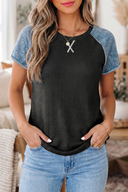 Colorblock Waffle Knit Patchwork Short Sleeve Top