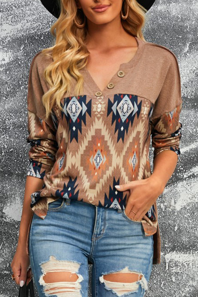 Western Aztec Buttoned Knit Top