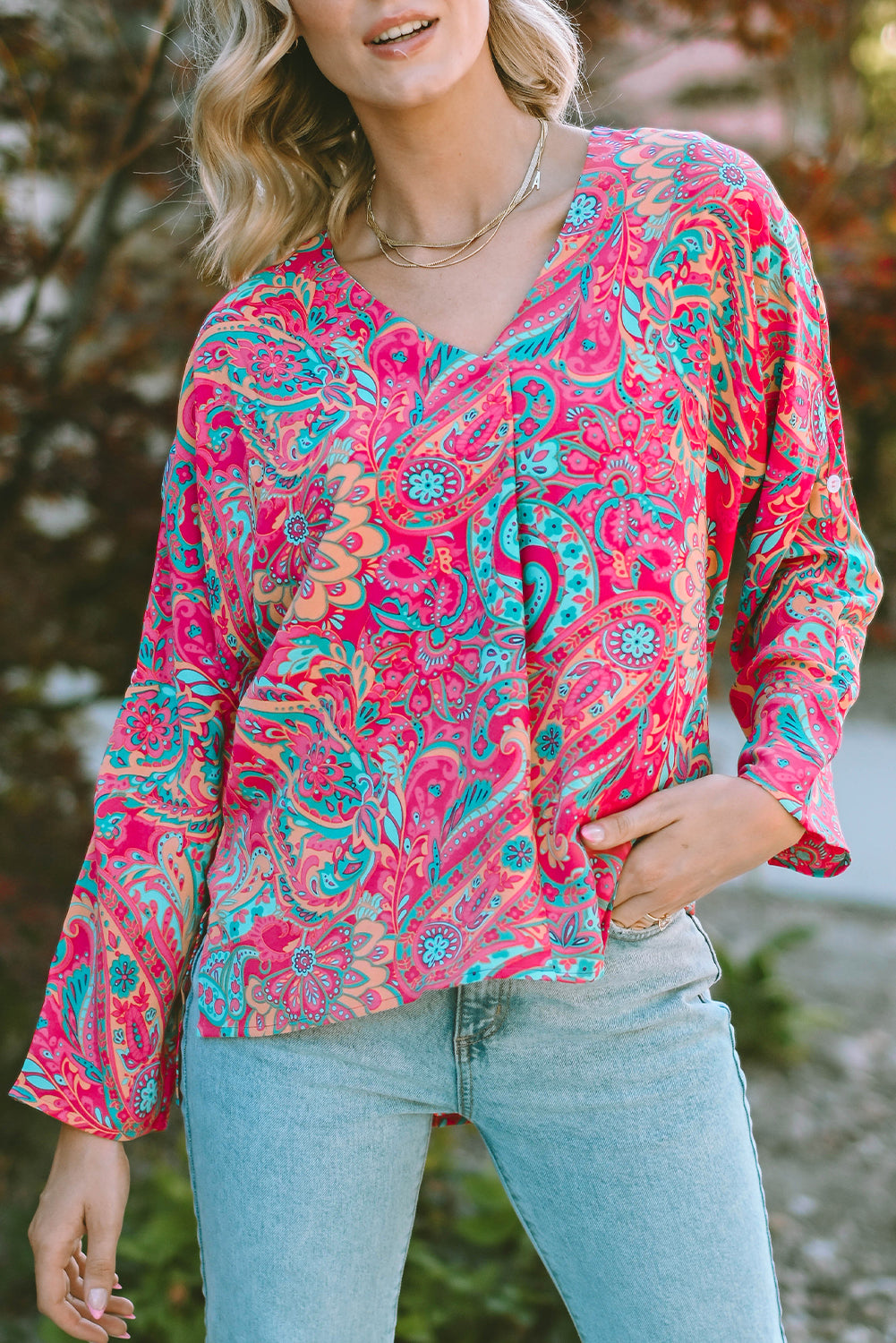 Paisley Tab Sleeve V-Neck Blouse