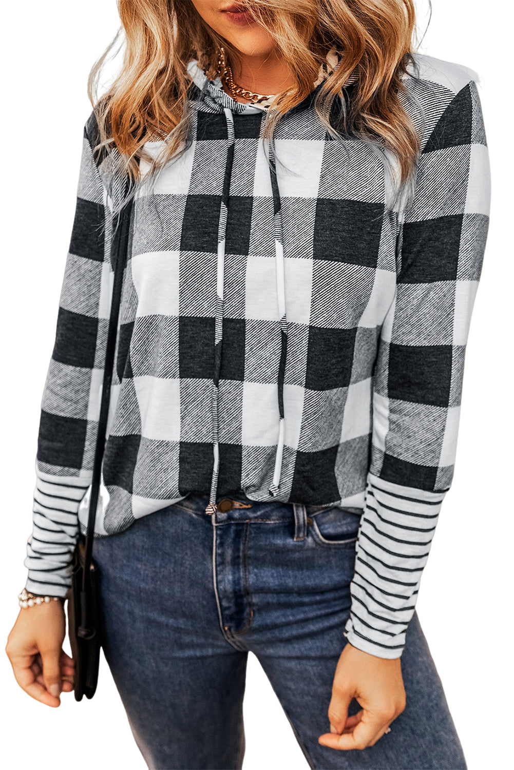 Plaid Stripe Patchwork Drawstring Hoodie