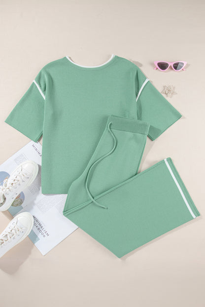 Contrast Trim Top and Drawstring Pants Set