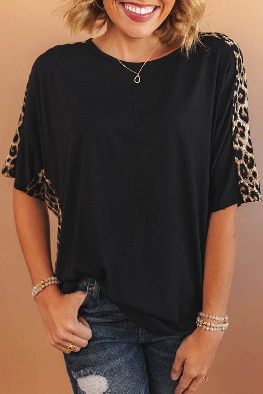 Leopard Colorblock Round Neck T-Shirt