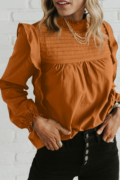 Pleated Ruffle Puff Sleeve Blouse