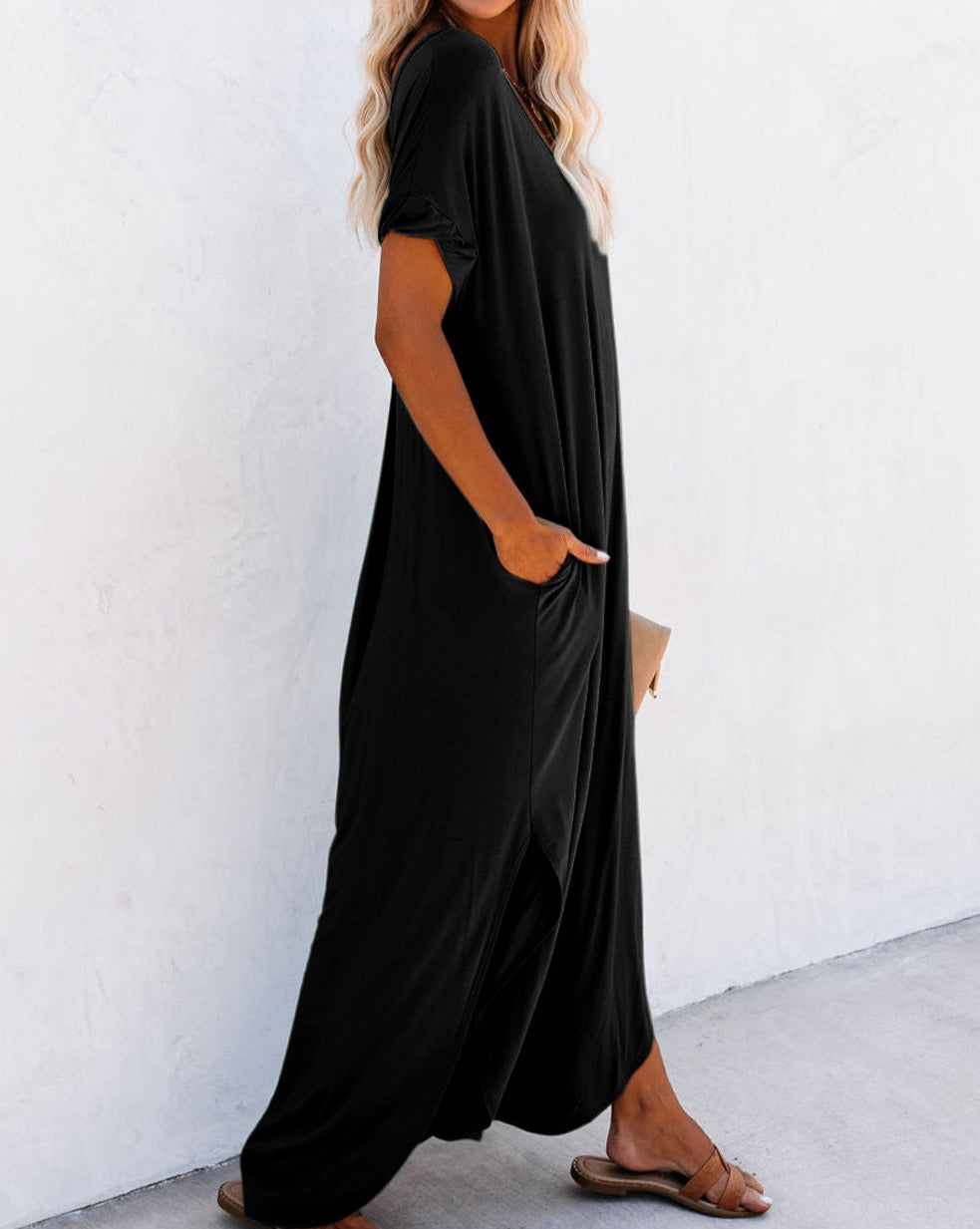 V-Neck Pocketed Maxi Shirt Dress