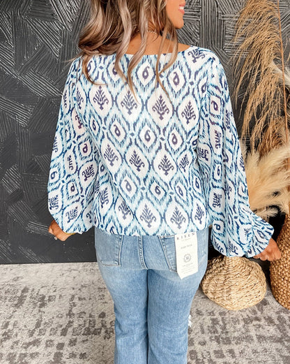 Geometric Shirred Puff Sleeve Blouse