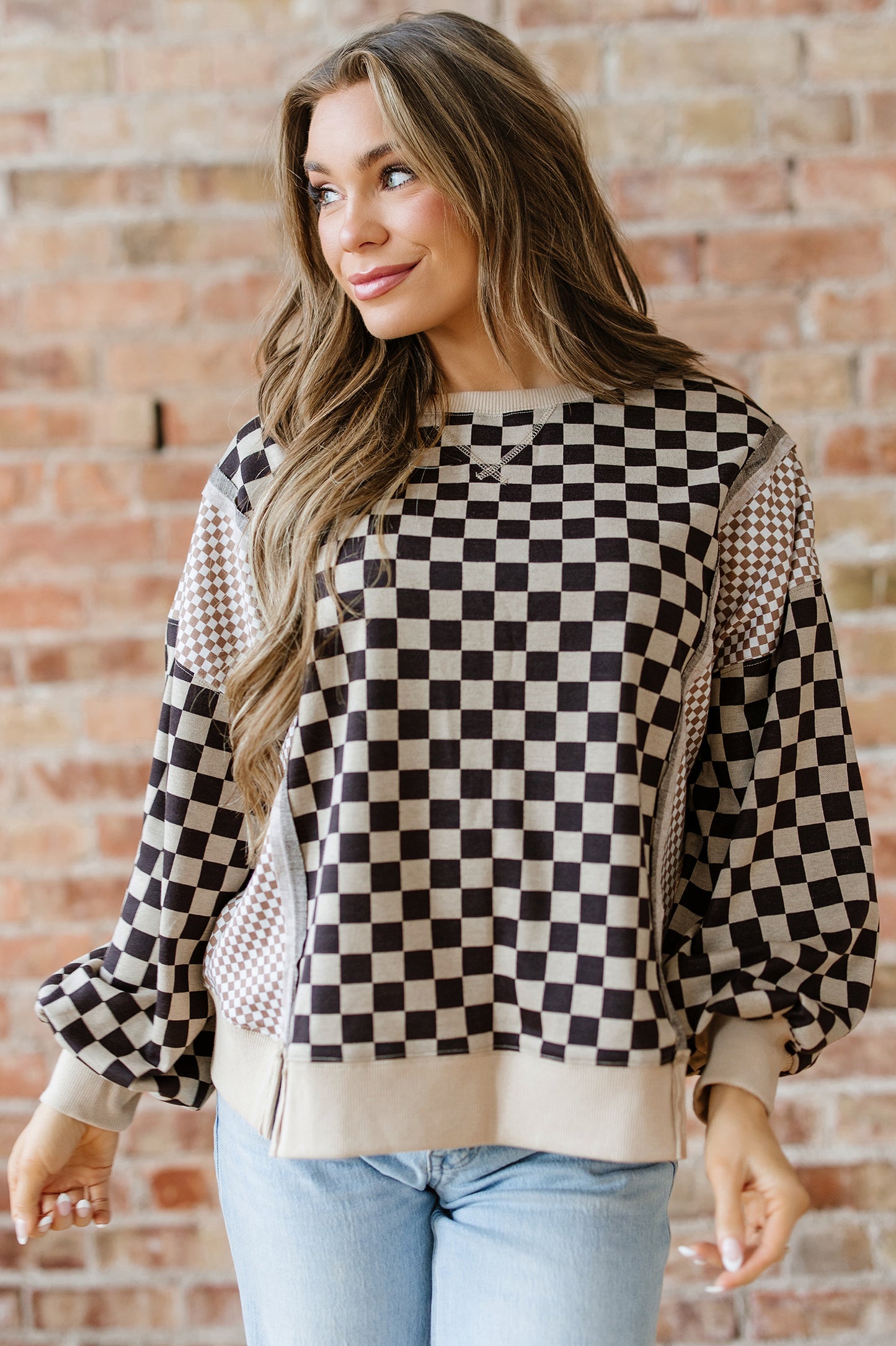 Checker Patchwork Long Sleeve Top