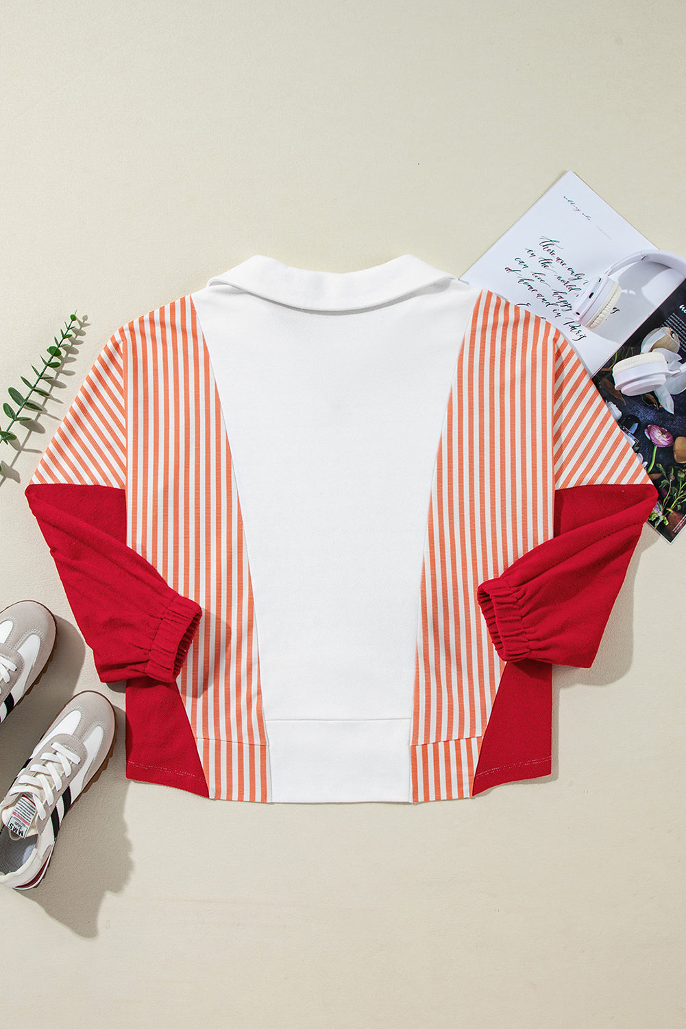 Stripe Colorblock V-Neck Oversized Sweatshirt