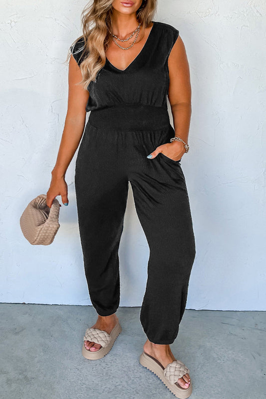 Smocked Waist V-Neck Jumpsuit Plus Size