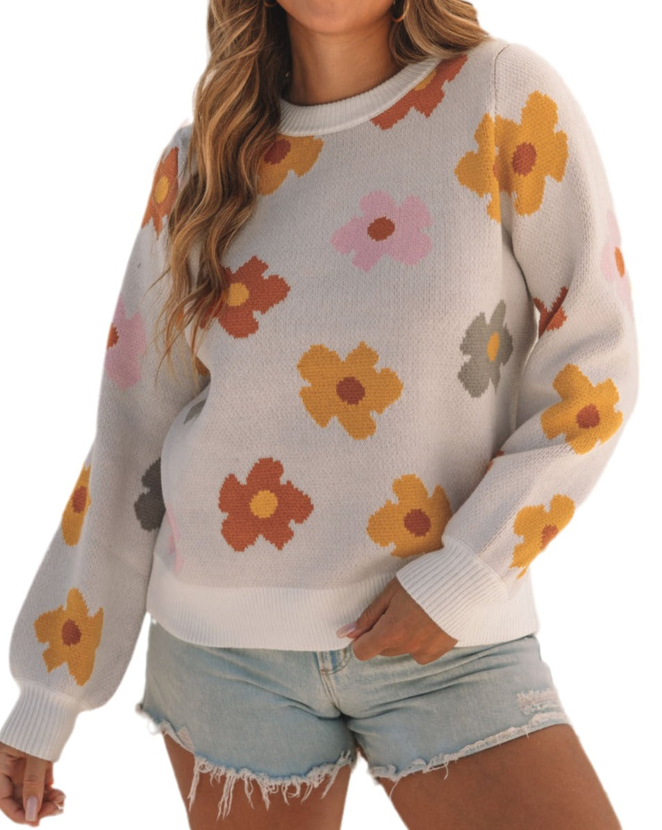 Floral Rib Trim Crewneck Sweater