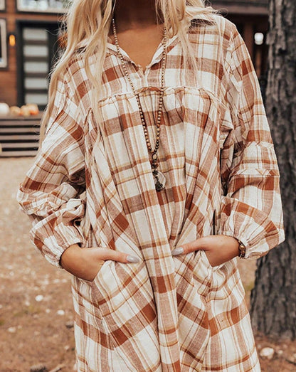 Plaid Bubble Sleeve Babydoll Dress