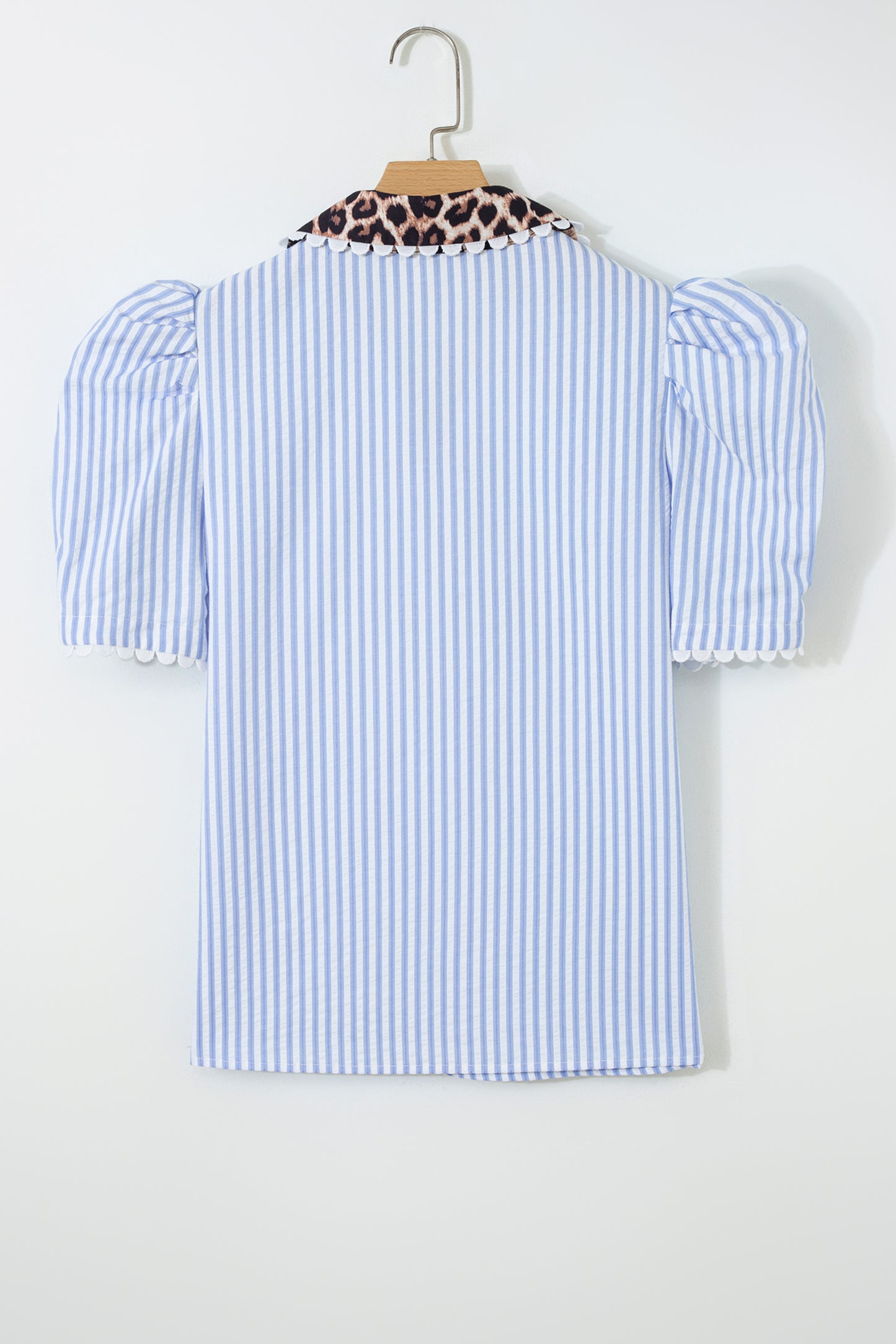 Leopard Patchwork Collared V-Neck Puff Sleeve Blouse