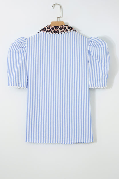 Leopard Patchwork Collared V-Neck Puff Sleeve Blouse