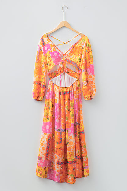 Floral Patchwork Cut-Out Tied Back Maxi Dress