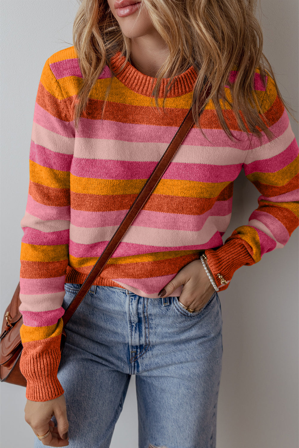 Stripe Colorblock Round Neck Sweater