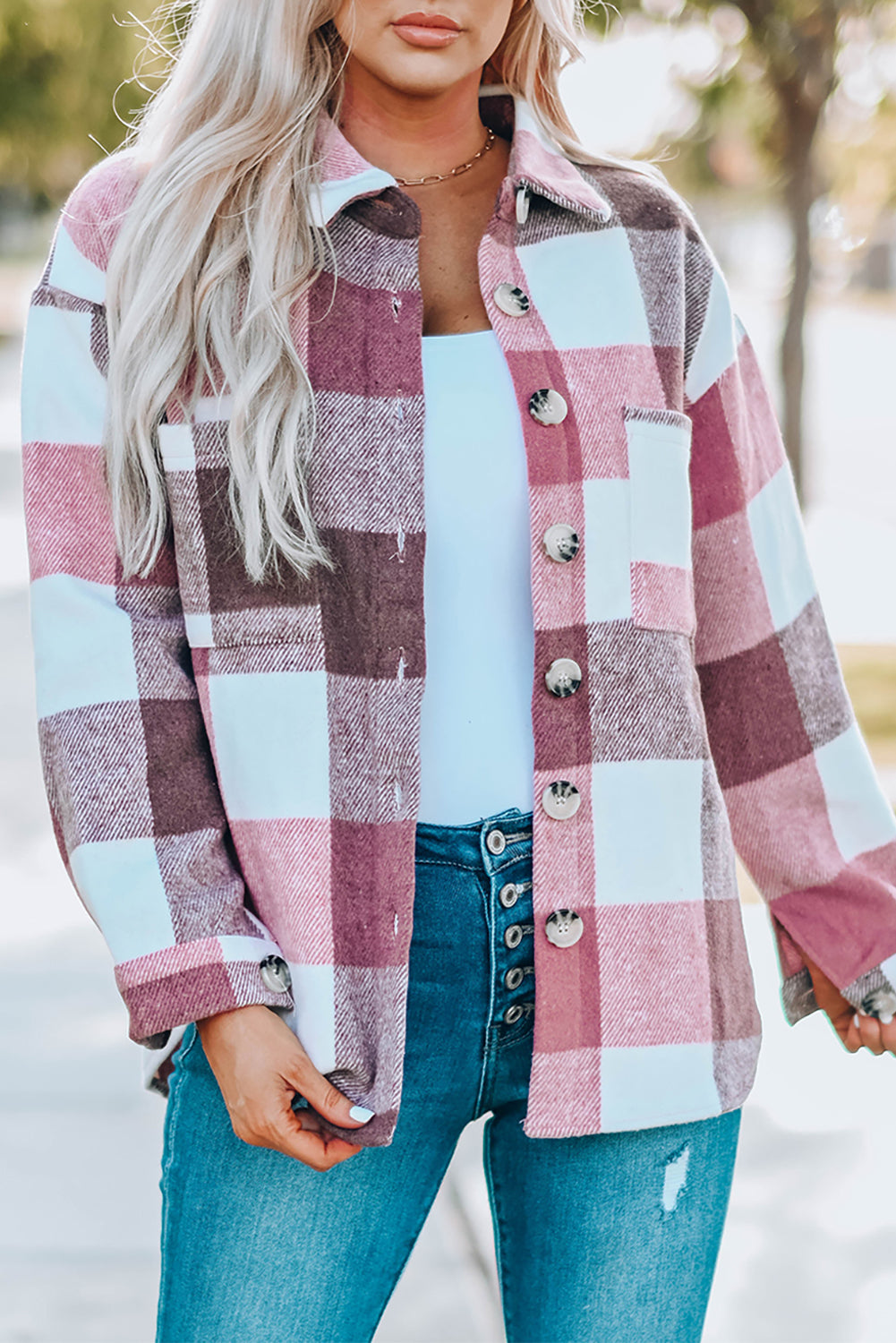 Colorblock Plaid Long Sleeve Jacket