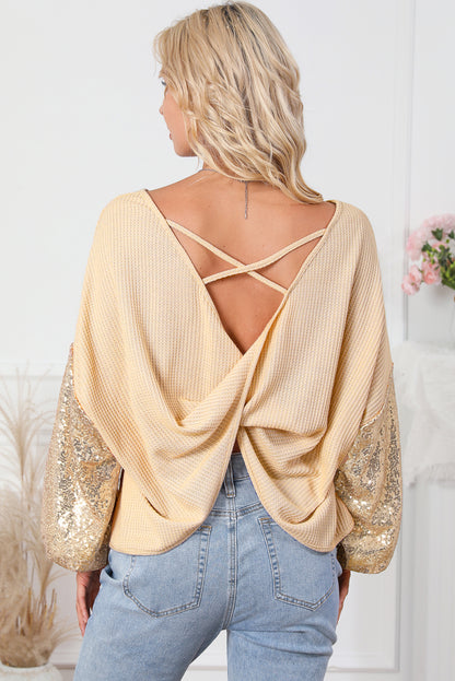 Sequin Patchwork Sleeve Open Back Top