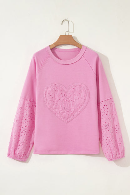 Heart Embroidered Eyelet Patchwork Long Sleeve Top