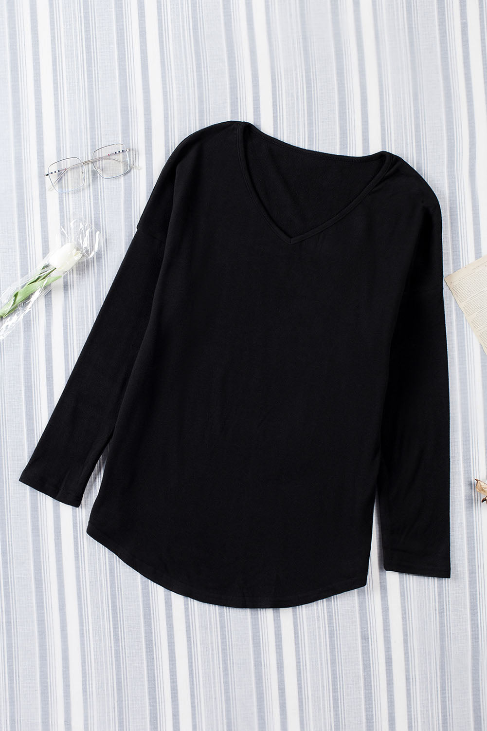 Solid V-Neck Long Sleeve Top