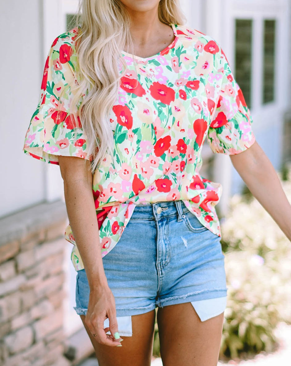 Floral Short Sleeve V Neck Top