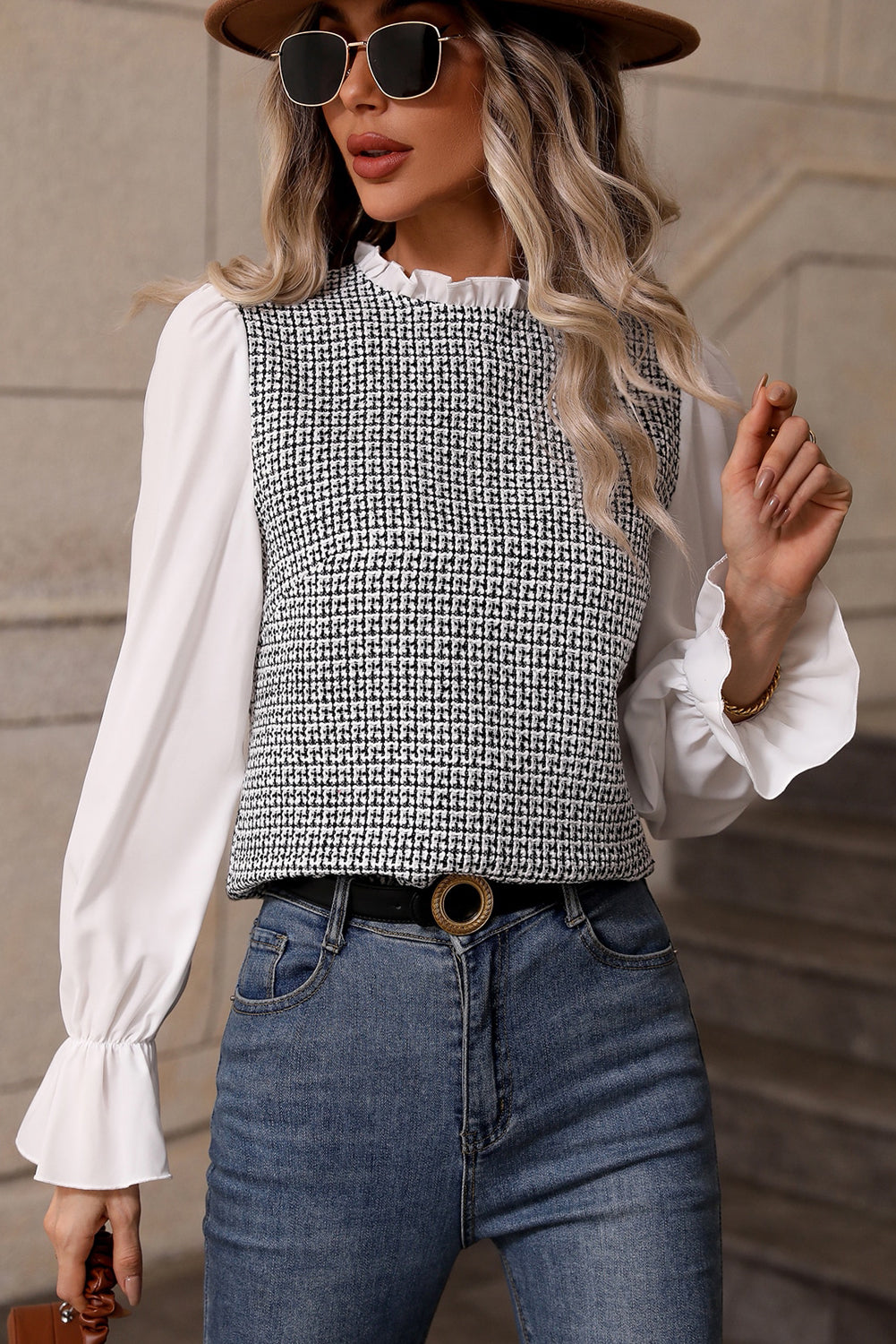 Contrast Flounce Sleeve Tweed Top