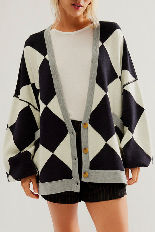 Colorblock Drop Shoulder Buttoned Cardigan