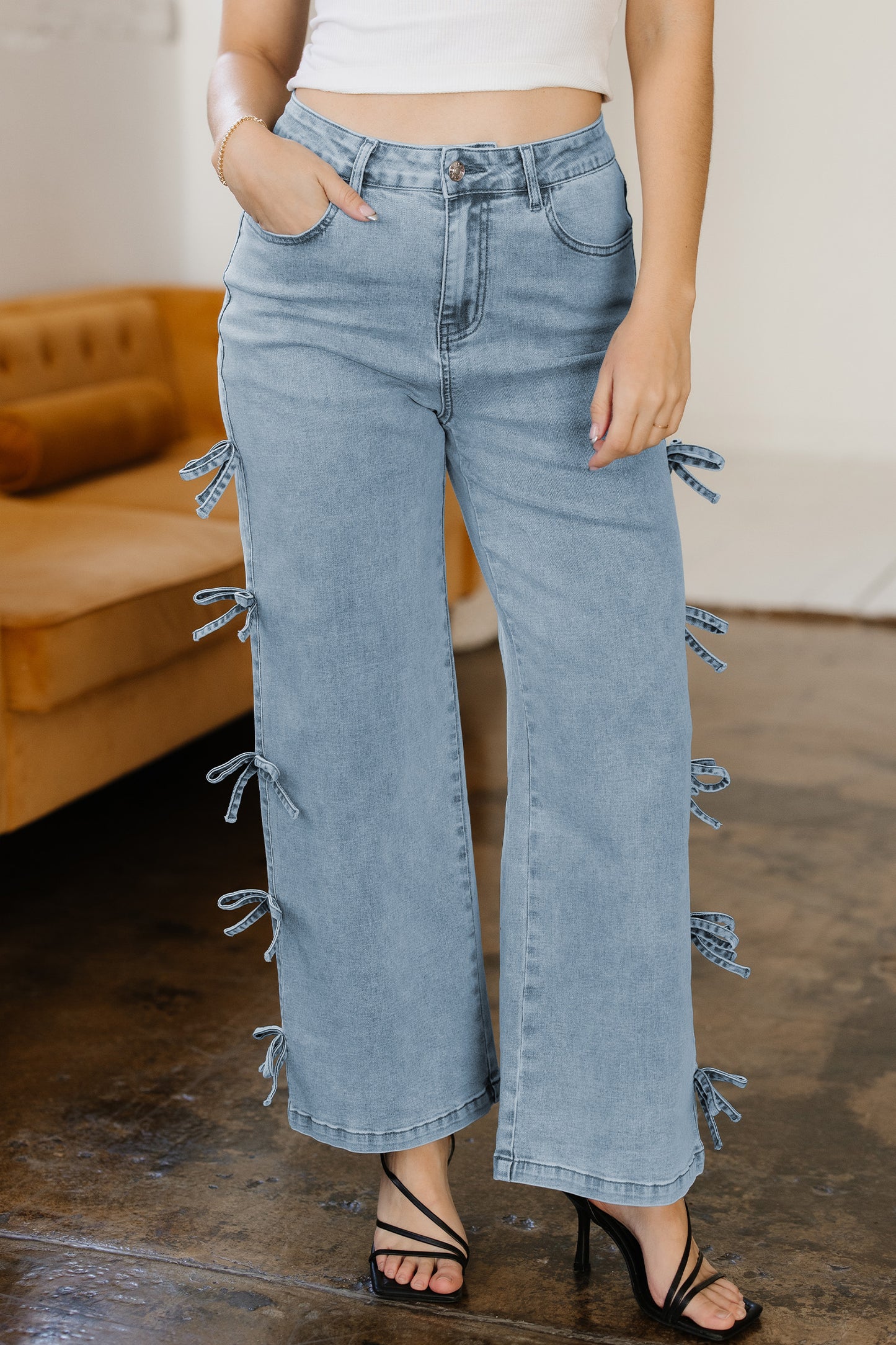 Denim Bow Side Straight Leg Jeans