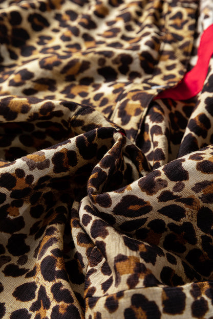 Leopard Contrast Ruffle Trim Buttoned V-Neck Shirt