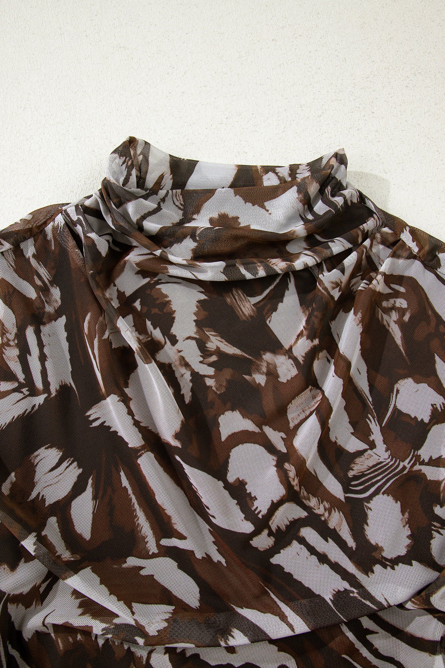 Abstract Mesh Cowl Neck Ruched Slit Midi Dress