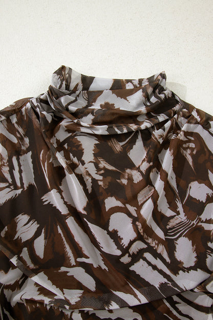 Abstract Mesh Cowl Neck Ruched Slit Midi Dress