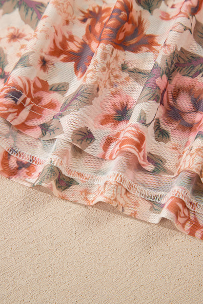 Plus Size Floral Mesh Mock Neck Top