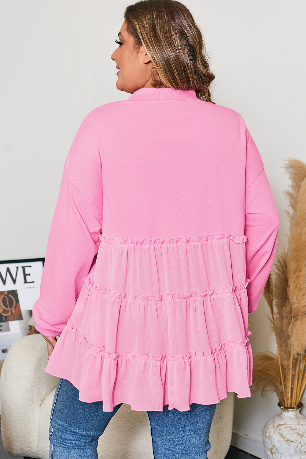 Plus Size Solid Ruffle Tiered Ribbed Crewneck Top