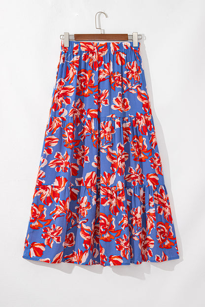 Boho Floral Tiered Side Slit Maxi Skirt