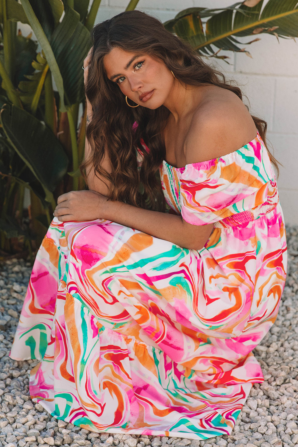 Abstract Ruffle Sleeve Smocked Maxi Dress