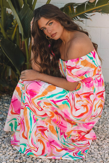 Abstract Ruffle Sleeve Smocked Maxi Dress