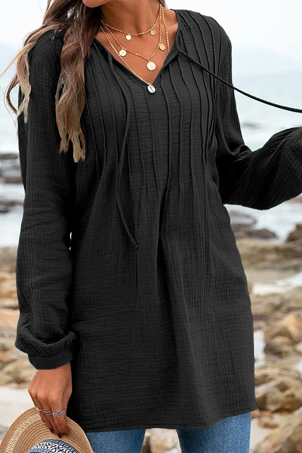 Pleated Gauze Tunic Top