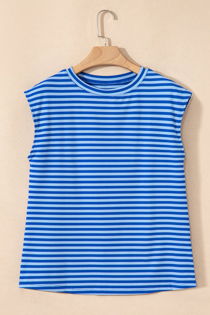 Stripe Ribbed Cap Sleeve Round Neck T-Shirt